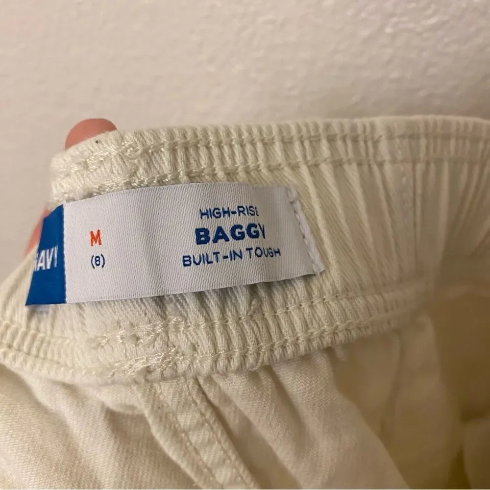 Old Navy high waisted baggy wide leg Pull-on white denim cotton jeans pants M 8
